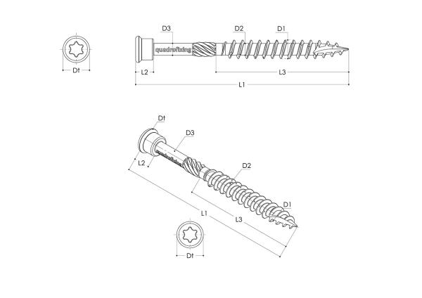 Terasové nerezové skrutky 4,5-5,0 mm (200 ks+bit) QUADROFIX TERRIX C2