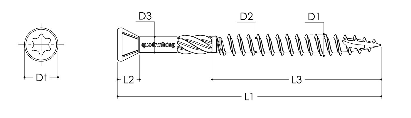 Rozmery terasovej skrutky QUADROFIX C2