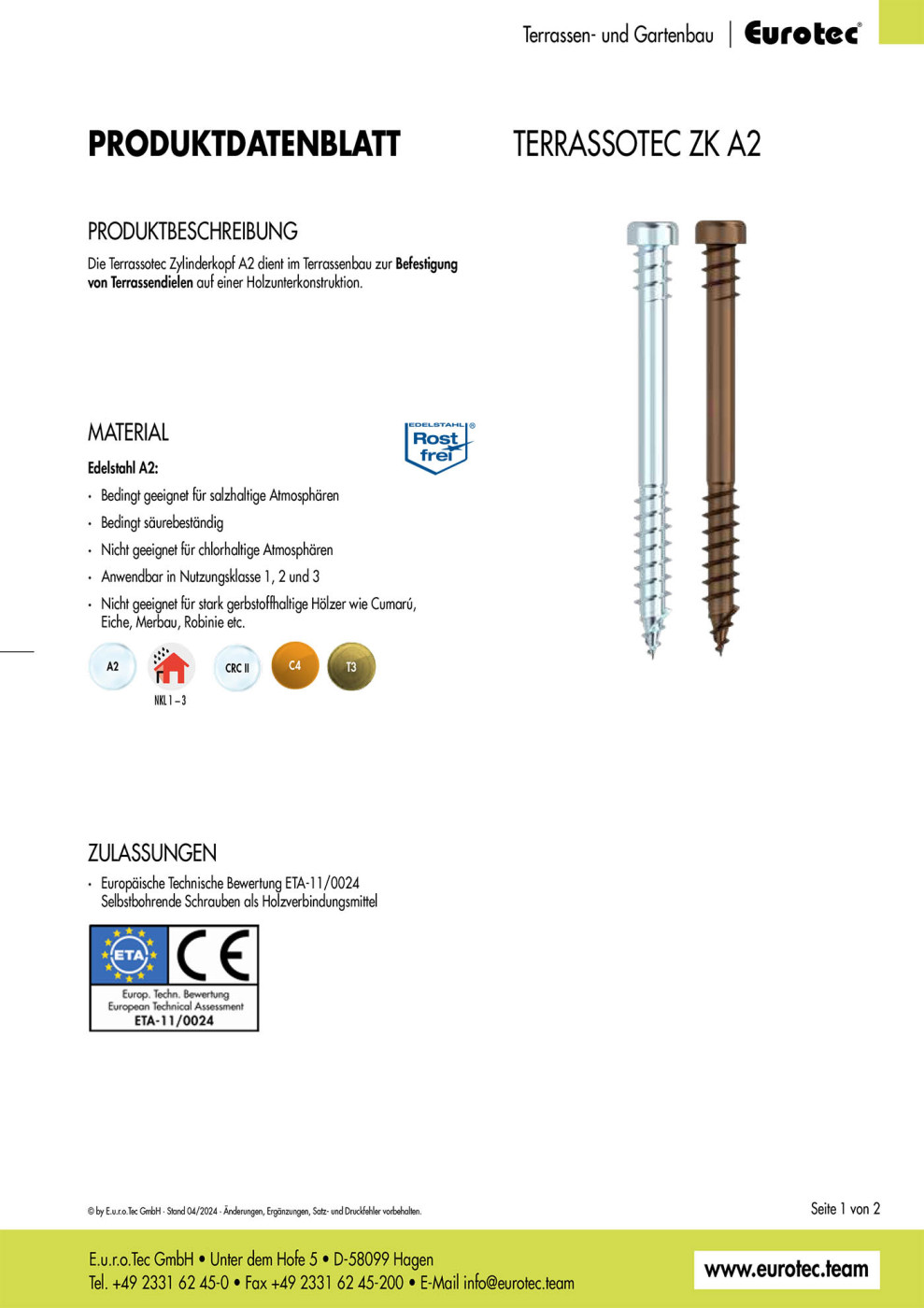 Technický list terasových skrutiek Eurotec Terrassotec AG 5,3x60 mm, A2
