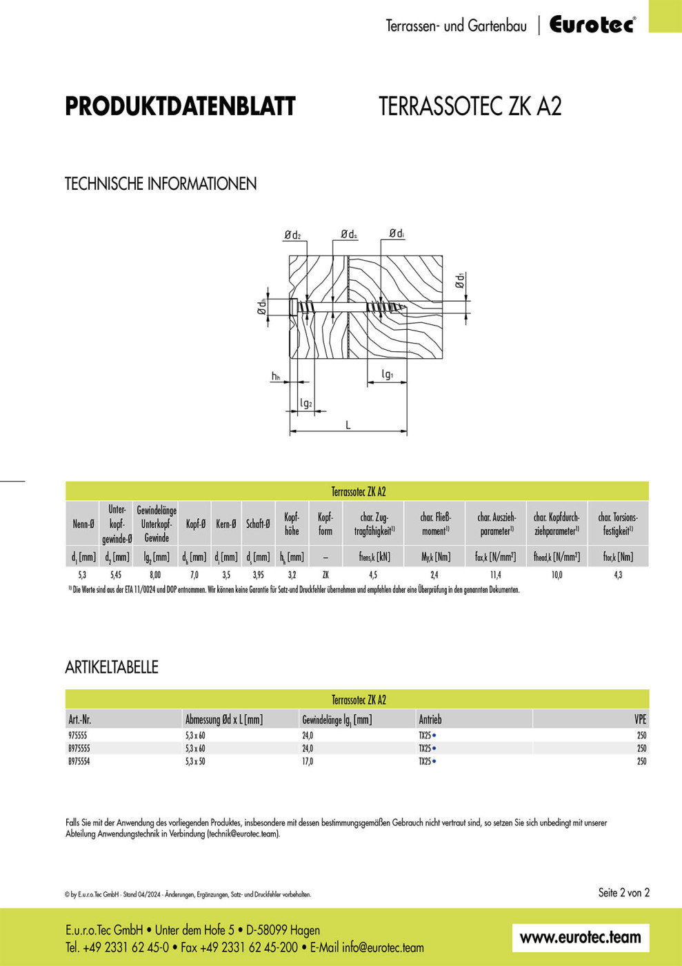 Technický list terasových skrutiek Eurotec Terrassotec AG 5,3x60 mm, A2 - 2